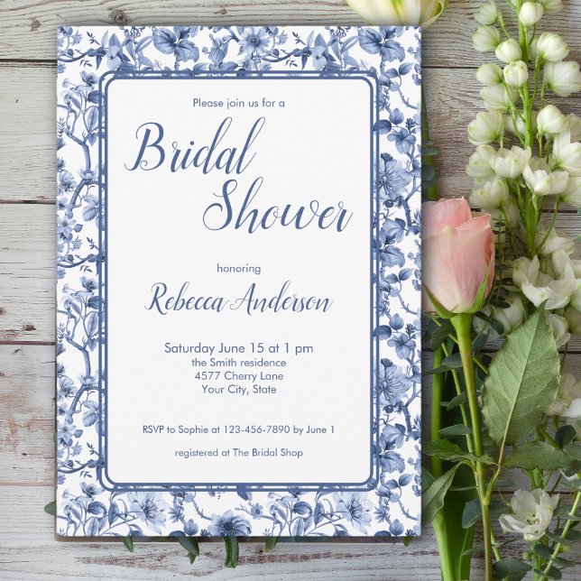 Invitación Blue Toile Chinoiserie Floral Bridal Shower (Subido por el creador)