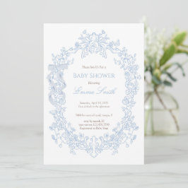 Invitación Blue Toile Coquette Bow Vintage Floral Baby Shower