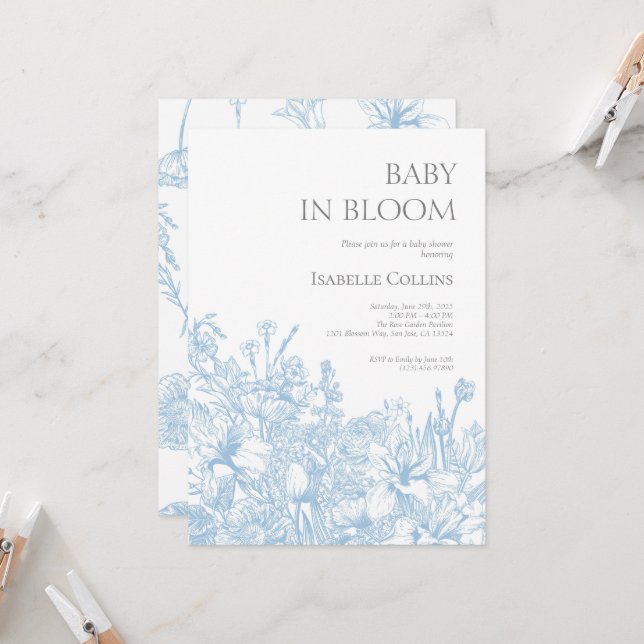 Invitación Blue Toile de Jouy Baby in Bloom Baby Shower2 (Anverso/Reverso In Situ)