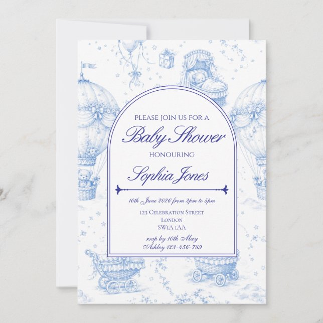 Invitación Blue Toile de Jouy Baby Shower Invitation (Anverso)