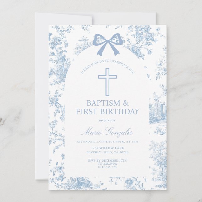 Invitación Blue Toile de Jouy Baptism & First Birthday Bow  (Anverso)