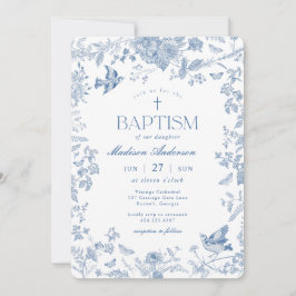 Invitación Blue Toile De Jouy Bautismo Floral Francés