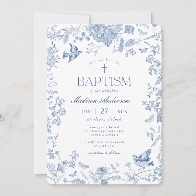 Invitación Blue Toile De Jouy Bautismo Floral Francés (Anverso)