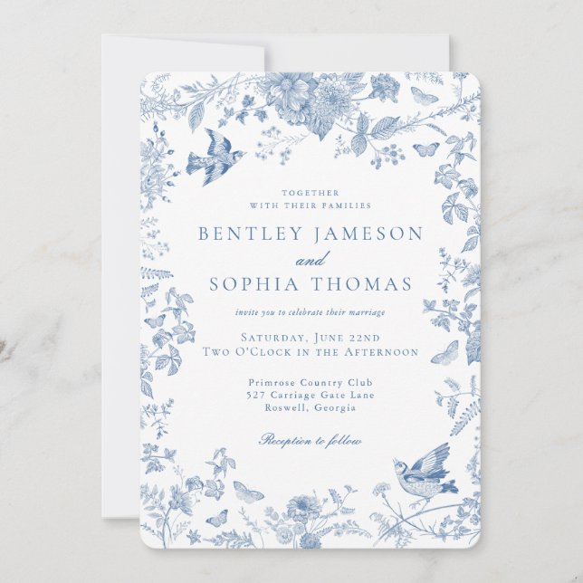 Invitación Blue Toile De Jouy Boda floral francés (Anverso)
