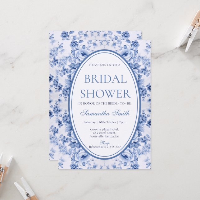Invitación Blue Toile De Jouy Bridal Shower (Anverso/Reverso In Situ)