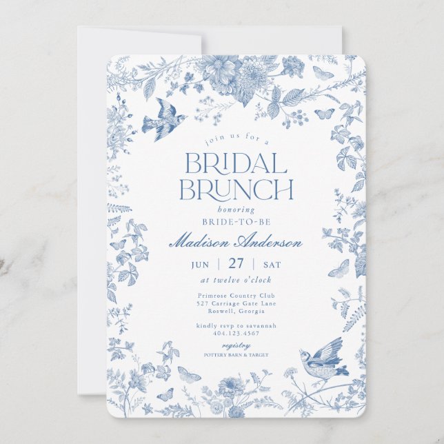 Invitación Blue Toile De Jouy Brunch Bridal Floral Francesa (Anverso)