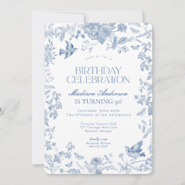 Invitación Blue Toile De Jouy fiesta de cumpleaños floral fra