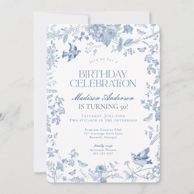 Invitación Blue Toile De Jouy fiesta de cumpleaños floral fra (Anverso)