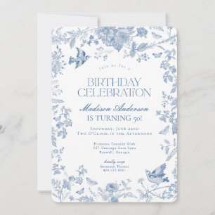 Invitación Blue Toile De Jouy fiesta de cumpleaños floral fra