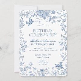 Invitación Blue Toile De Jouy fiesta de cumpleaños floral fra