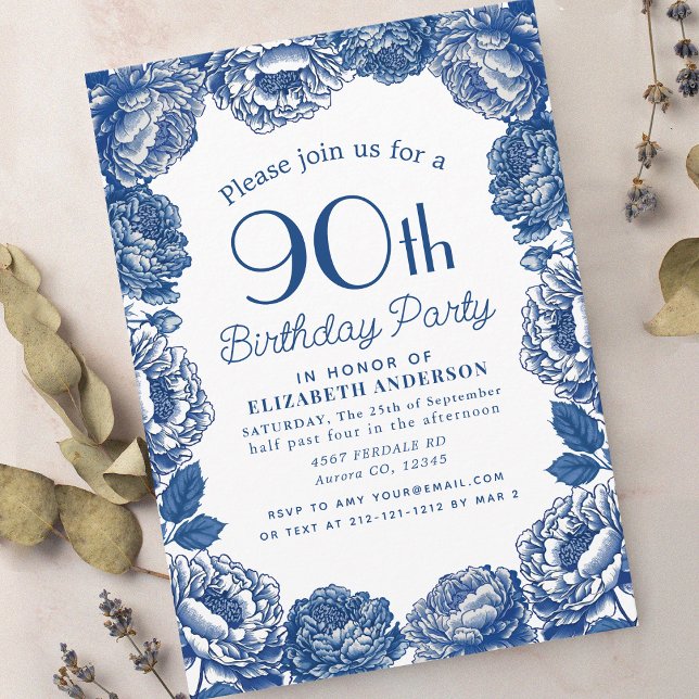 Invitación Blue Toile De Jouy Floral 90th Birthday Party (Subido por el creador)