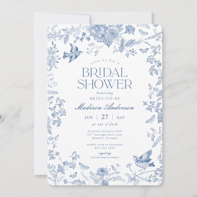 Invitación Blue Toile De Jouy Floral Floral Bridal Shower (Anverso)