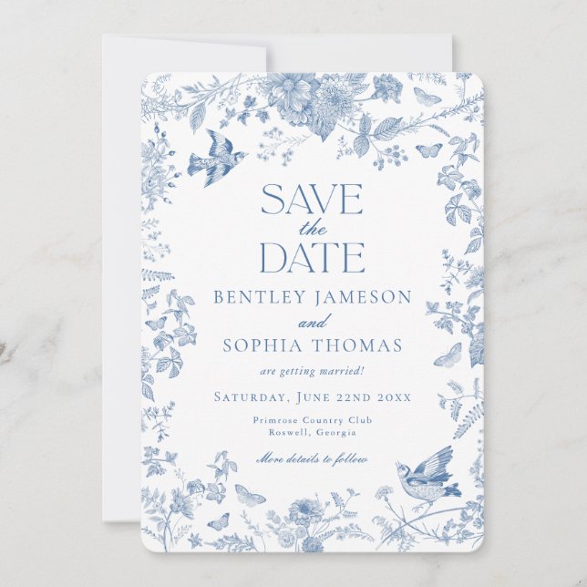 Invitación Blue Toile De Jouy Floral francesa Save the Date (Anverso)