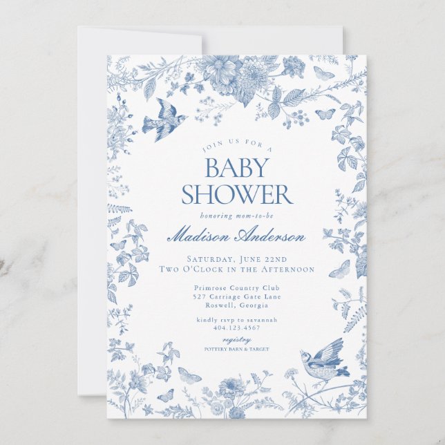 Invitación Blue Toile De Jouy French Floral Baby Shower (Anverso)