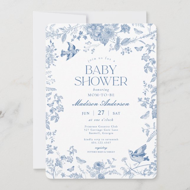 Invitación Blue Toile De Jouy French Floral Baby Shower (Anverso)