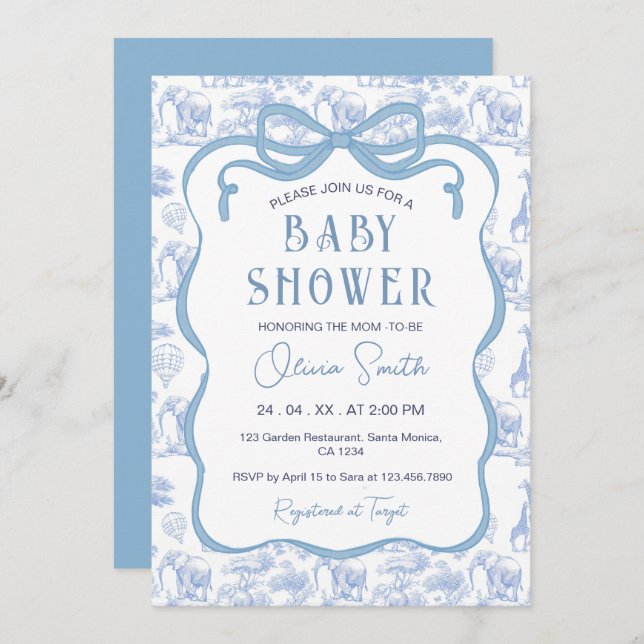 Invitación Blue Toile De Jouy Safari Animales Bow Baby Shower (Anverso / Reverso)