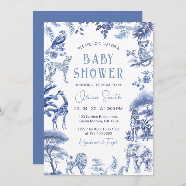 Invitación Blue Toile De Jouy Safari Animals Boy Baby Shower (Anverso / Reverso)
