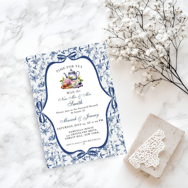 Invitación Blue Toile de jouy Tea Fiesta Farewell Brunch Fies (Subido por el creador)