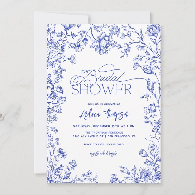 Invitación Blue Toile Elegant Modern Script Bridal Shower (Anverso)