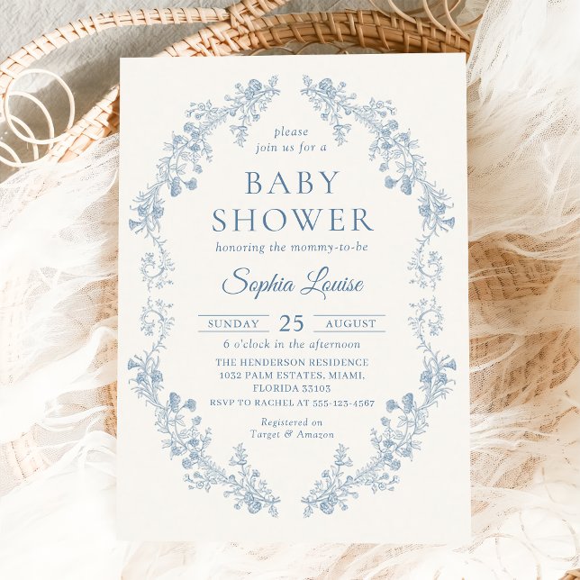 Invitación Blue Toile Floral Chinoiserie Baby Shower (Subido por el creador)
