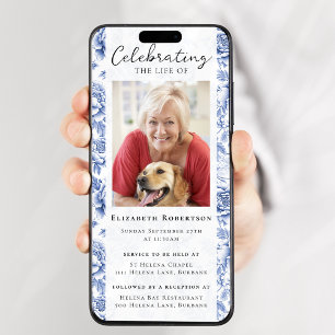 Invitación Blue Toile Floral Photo Funeral Digital Evit