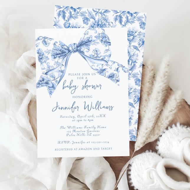 Invitación Blue Toile francés Bow Sweet Baby Boy Shower (Subido por el creador)
