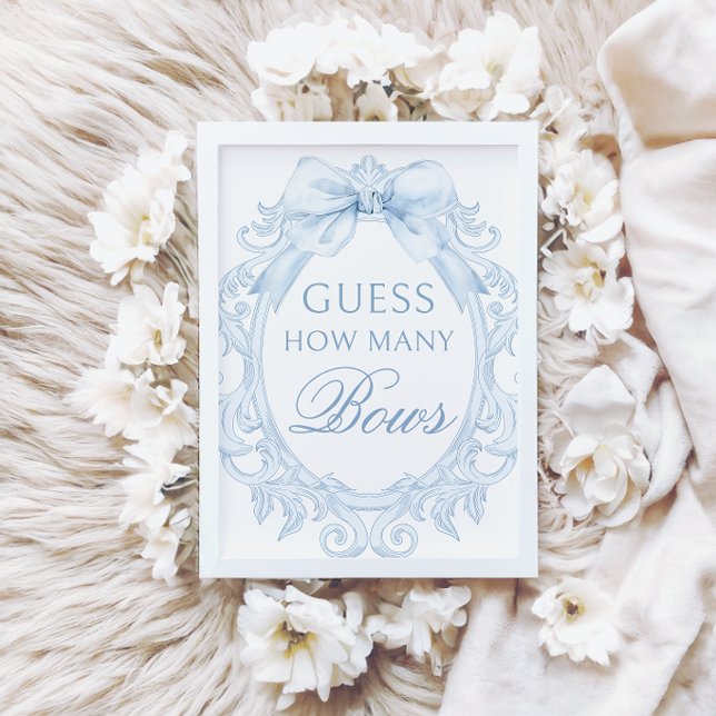 Invitación Blue Toile How Many Bows Baby Shower Games Sign (Subido por el creador)