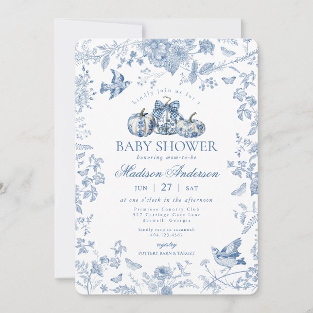 Invitación Blue Toile Pumpkin Fall Floral Francesa Baby Showe (Anverso)