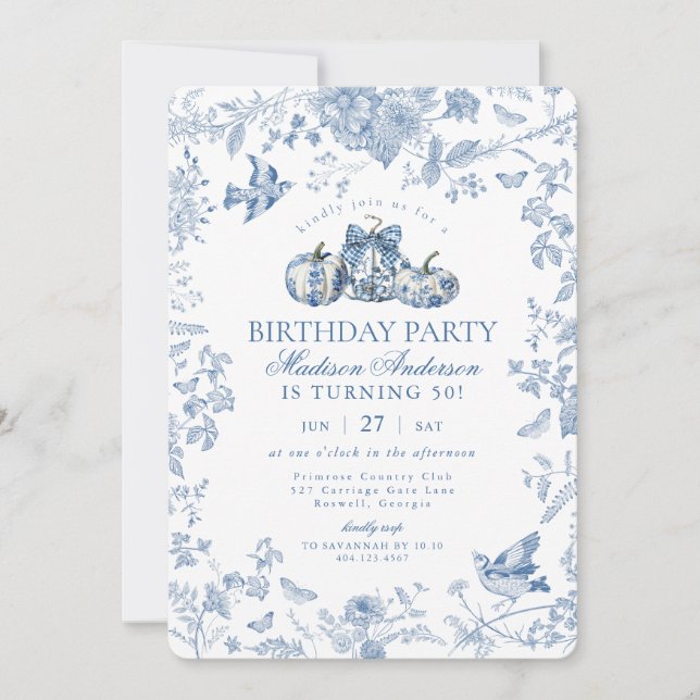 Invitación Blue Toile Pumpkin Fiesta de Cumpleaños de la Caíd (Anverso)