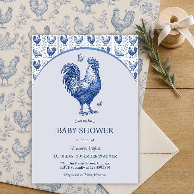 Invitación Blue Toile Rooster French Country Baby Shower (Blue Toile Rooster Baby Shower French Country Farmhouse Chic (Gender-Neutral))