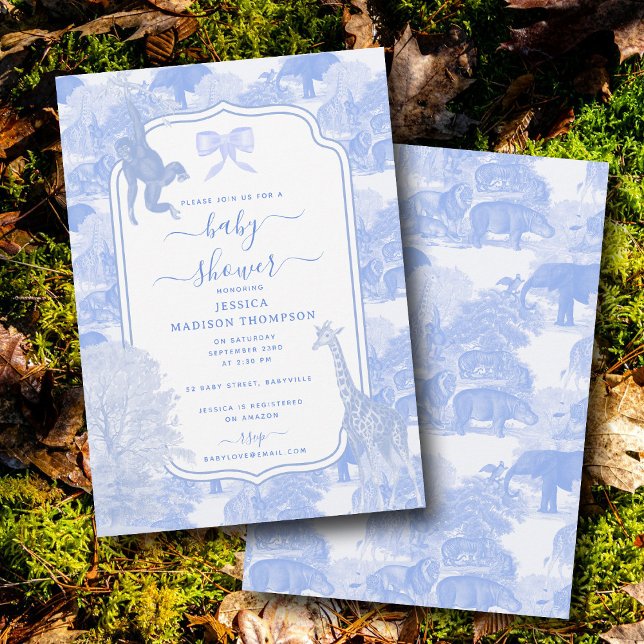 Invitación Blue Toile Safari Animals Chinoiserie Baby Shower (Blue Toile Safari Animals Chinoiserie Baby Shower Invitation)