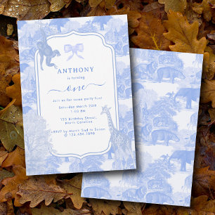 Invitación Blue Toile Safari Animals Chinoiserie Boy Cumpleañ