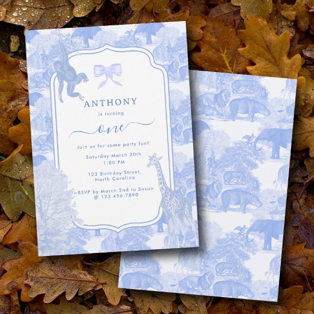 Invitación Blue Toile Safari Animals Chinoiserie Boy Cumpleañ (Blue Toile Safari Animals Chinoiserie Boy Birthday Invitation)