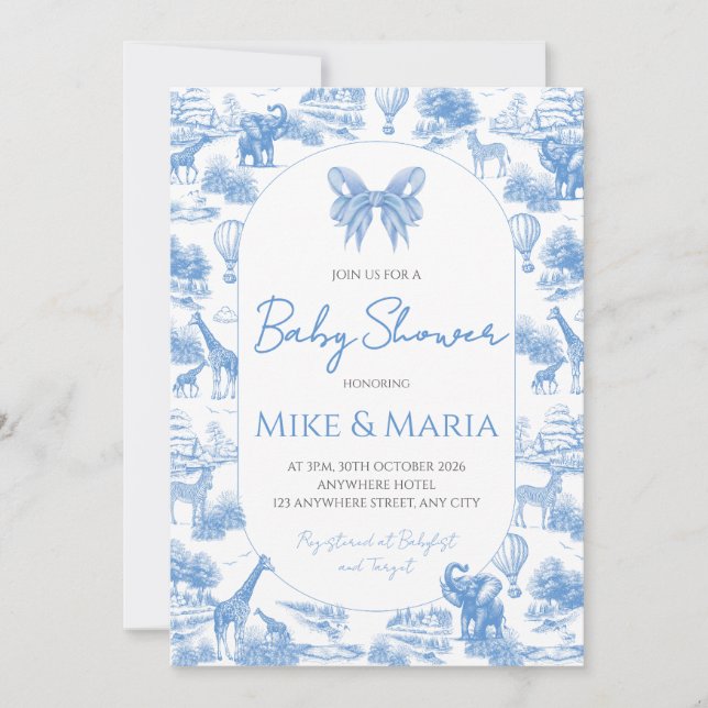 Invitación Blue Toile Safari Baby Shower Invitation (Anverso)