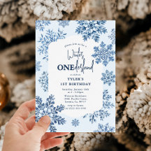 Blue Toile Snowflake Winter Primer cumpleaños