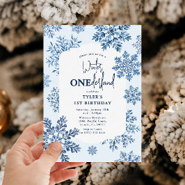 Invitación Blue Toile Snowflake Winter Primer cumpleaños