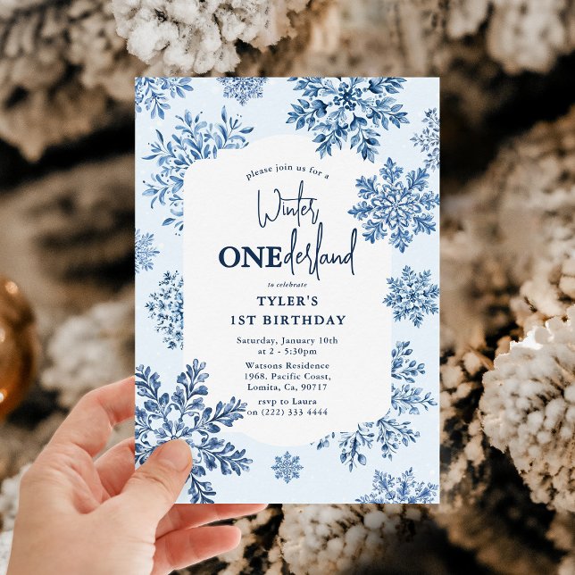 Invitación Blue Toile Snowflake Winter Primer cumpleaños (Subido por el creador)