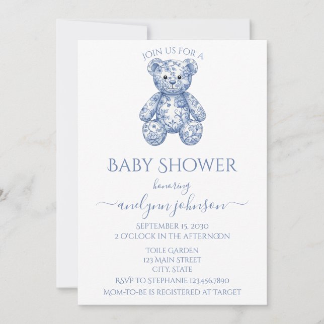 Invitación Blue Toile Teddy Bear Boy Baby Shower (Anverso)
