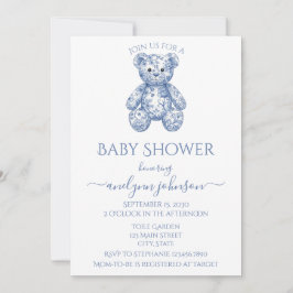 Invitación Blue Toile Teddy Bear Boy Baby Shower