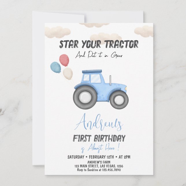 Invitación Blue Tractor cualquier edad, cumpleaños de Farm Bo (Anverso)