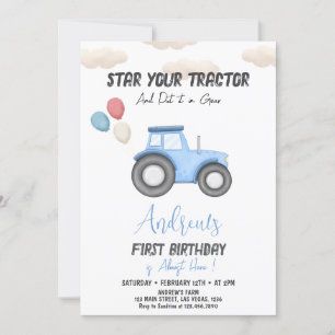 Invitación Blue Tractor cualquier edad, cumpleaños de Farm Bo