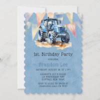 Blue Tractor Flag Watercolor Boy 1.ª. Birthday Par