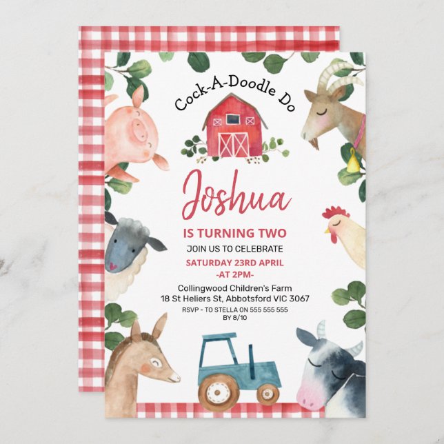 Invitación Blue Tractor Red Plaid Farm Farmyard Cumpleaños (Anverso / Reverso)