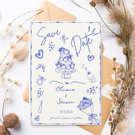 Invitación Blue Trendy Hand Drawn Scribble Fun Save the Date
