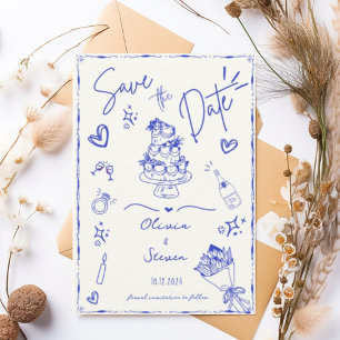 Invitación Blue Trendy Hand Drawn Scribble Fun Save the Date