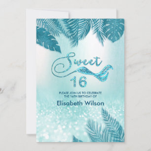 Invitación Blue Tropical hojas moda purpurinoso de moda