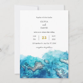 Invitación Blue Tropical Ocean Coral Watercolor Beach Wedding