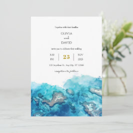 Invitación Blue Tropical Ocean Coral Watercolor Beach Wedding