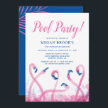 Invitación Blue Tropical Pink Flamingo 18.ª Piscina<br><div class="desc">Invitaciones de cumpleaños modernas, azules y rosas que puedes personalizar para tu fiesta de piscina. Este divertido diseño cuenta con una bandada de flamencos rosados salvajes con acuarelas rosas y azules reales. ¿Celebrando los dulces 16, una edad diferente, o tirando un fiesta de piscina "sólo porque"? Estas invitaciones de 18...</div>