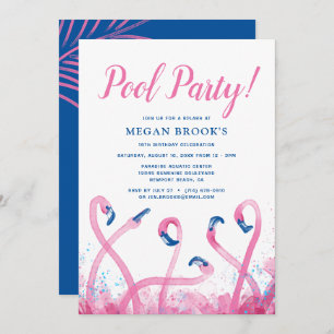 Invitación Blue Tropical Pink Flamingo 18th Pool Cumpleaños